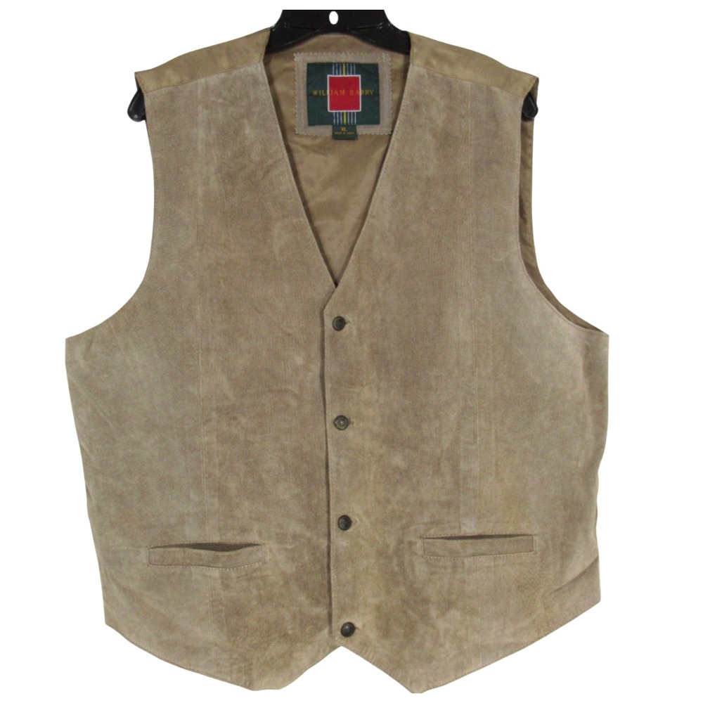 WILLIAM BARRY Light Brown SUEDE LEATHER Satin Back BUTTON-UP Men's VEST Sz XL